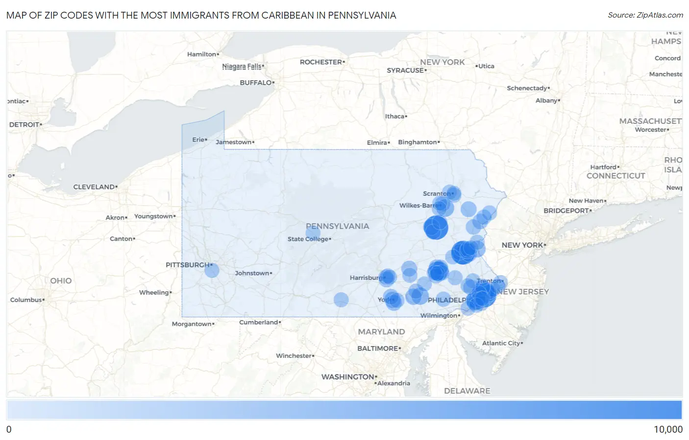 Zip Codes with the Most Immigrants from Caribbean in Pennsylvania Map