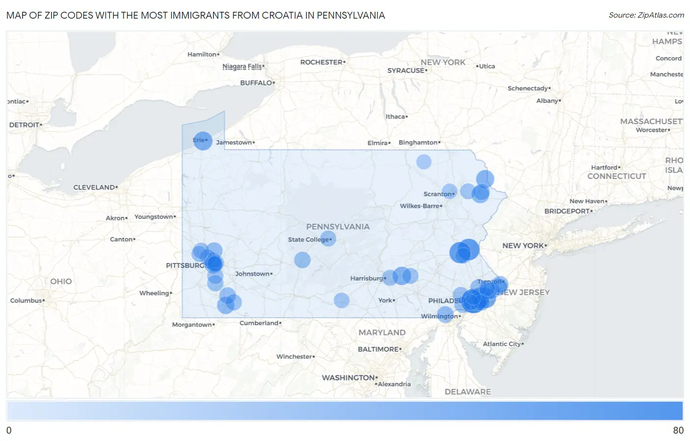 Zip Codes with the Most Immigrants from Croatia in Pennsylvania Map
