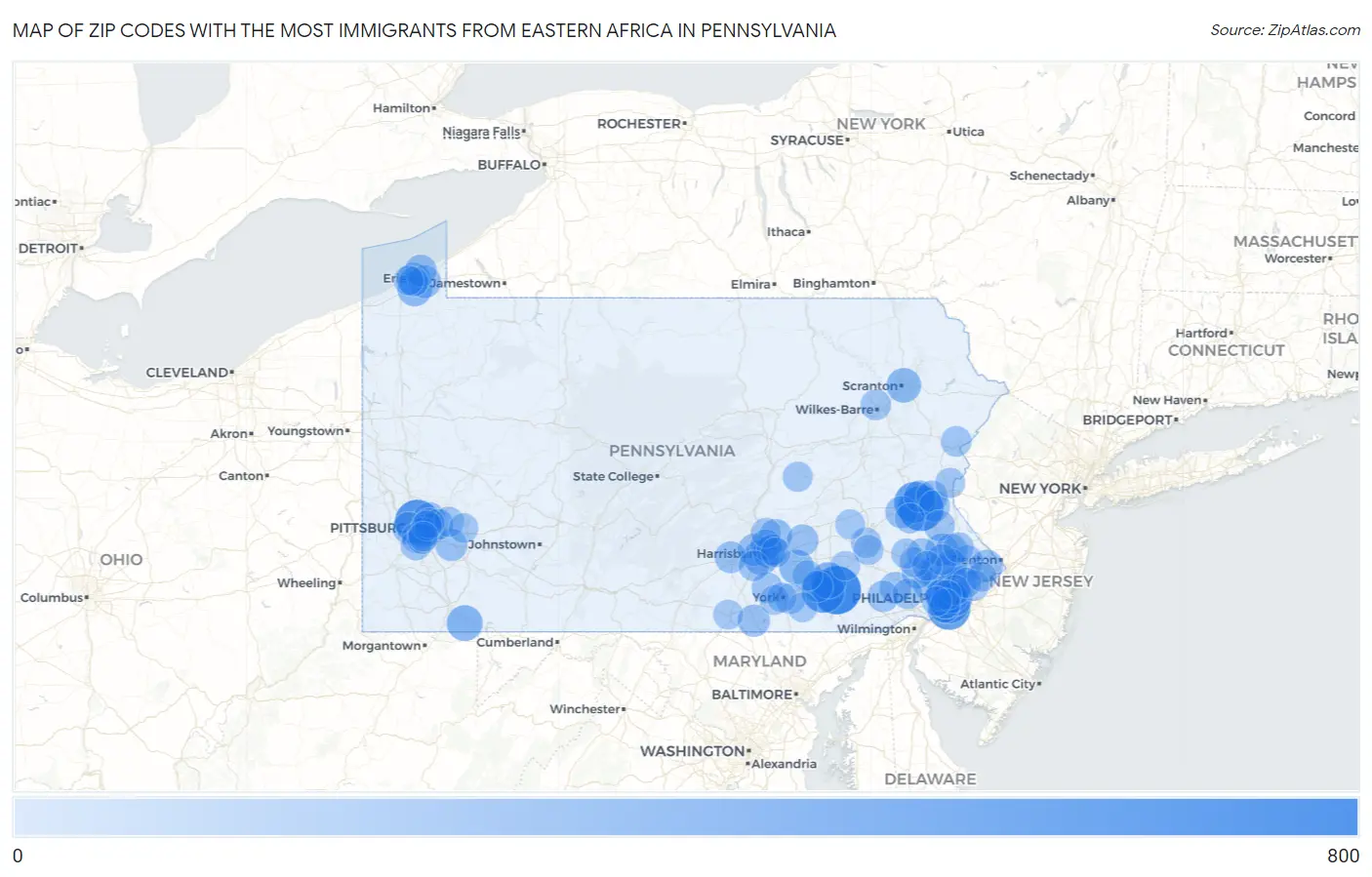 Zip Codes with the Most Immigrants from Eastern Africa in Pennsylvania Map