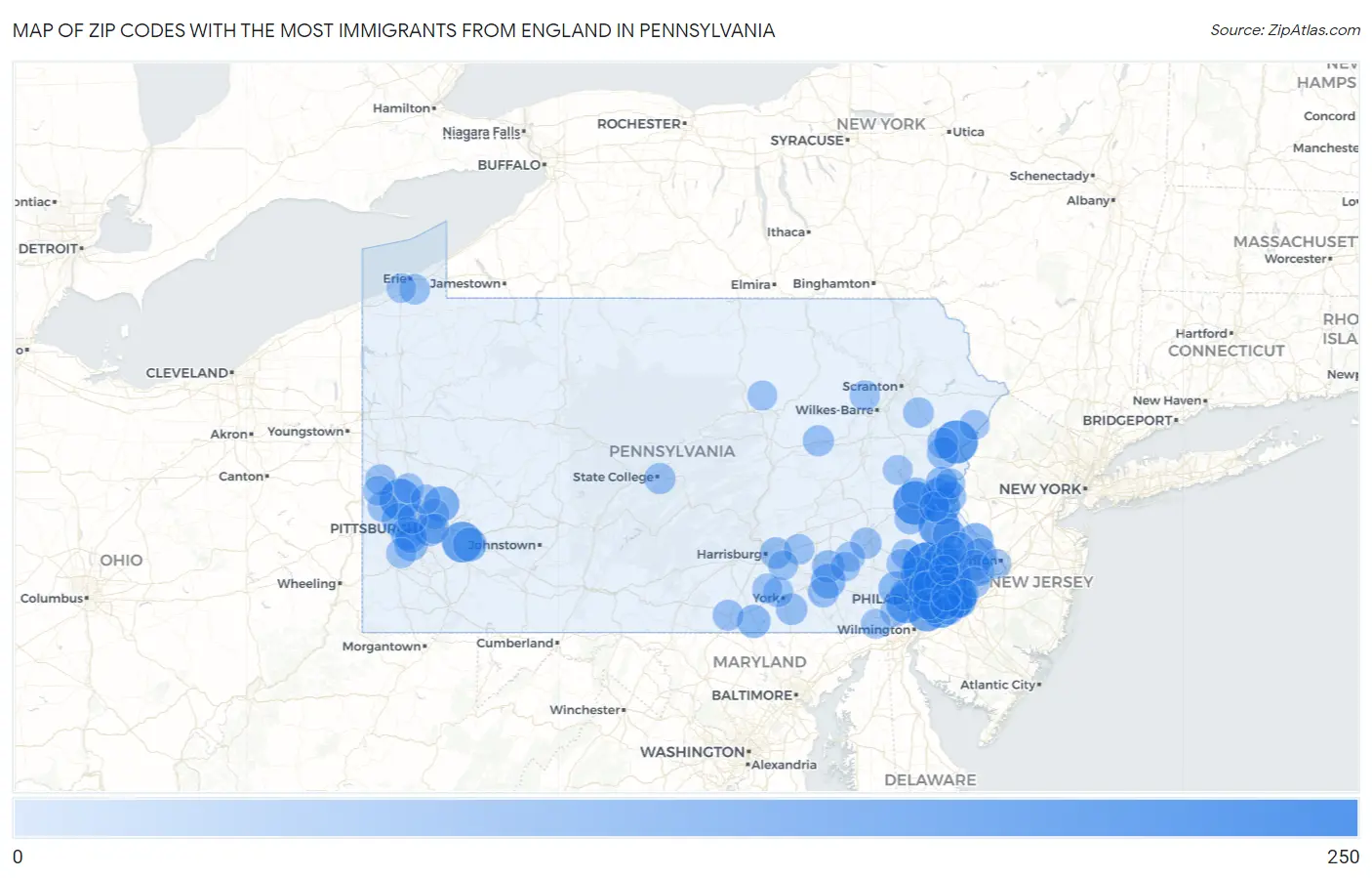 Zip Codes with the Most Immigrants from England in Pennsylvania Map