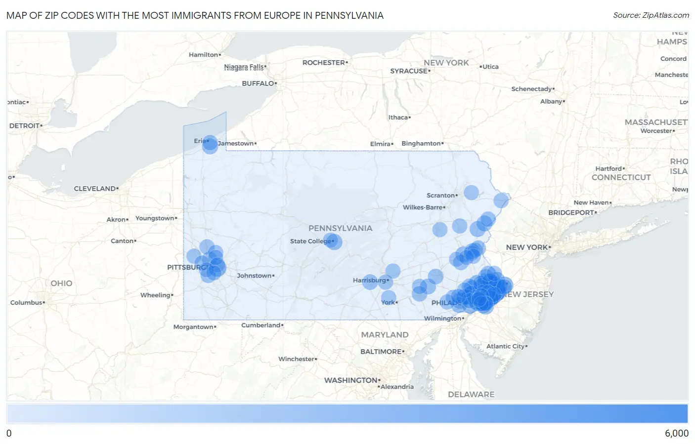 Zip Codes with the Most Immigrants from Europe in Pennsylvania Map