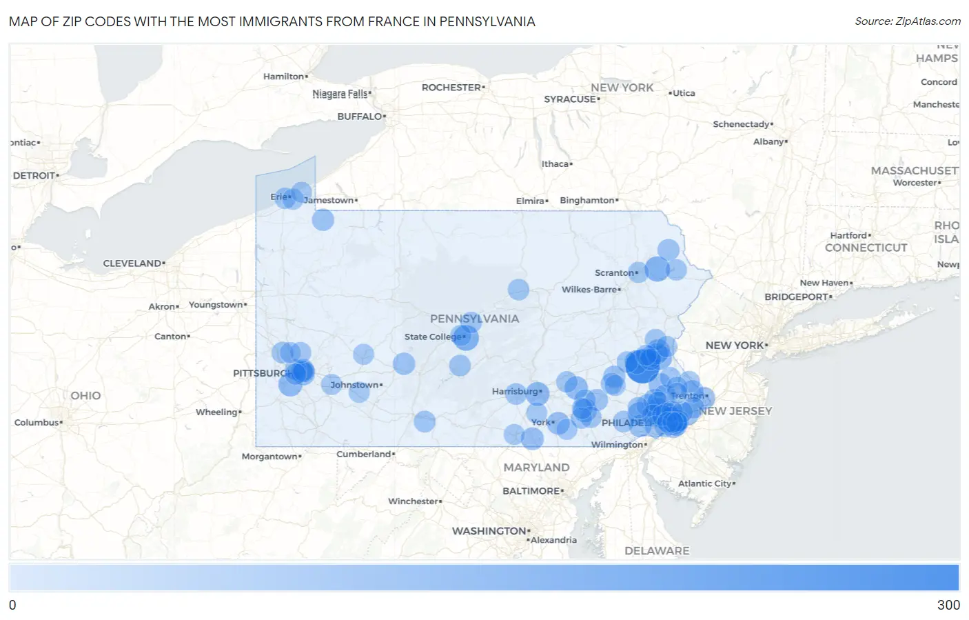 Zip Codes with the Most Immigrants from France in Pennsylvania Map