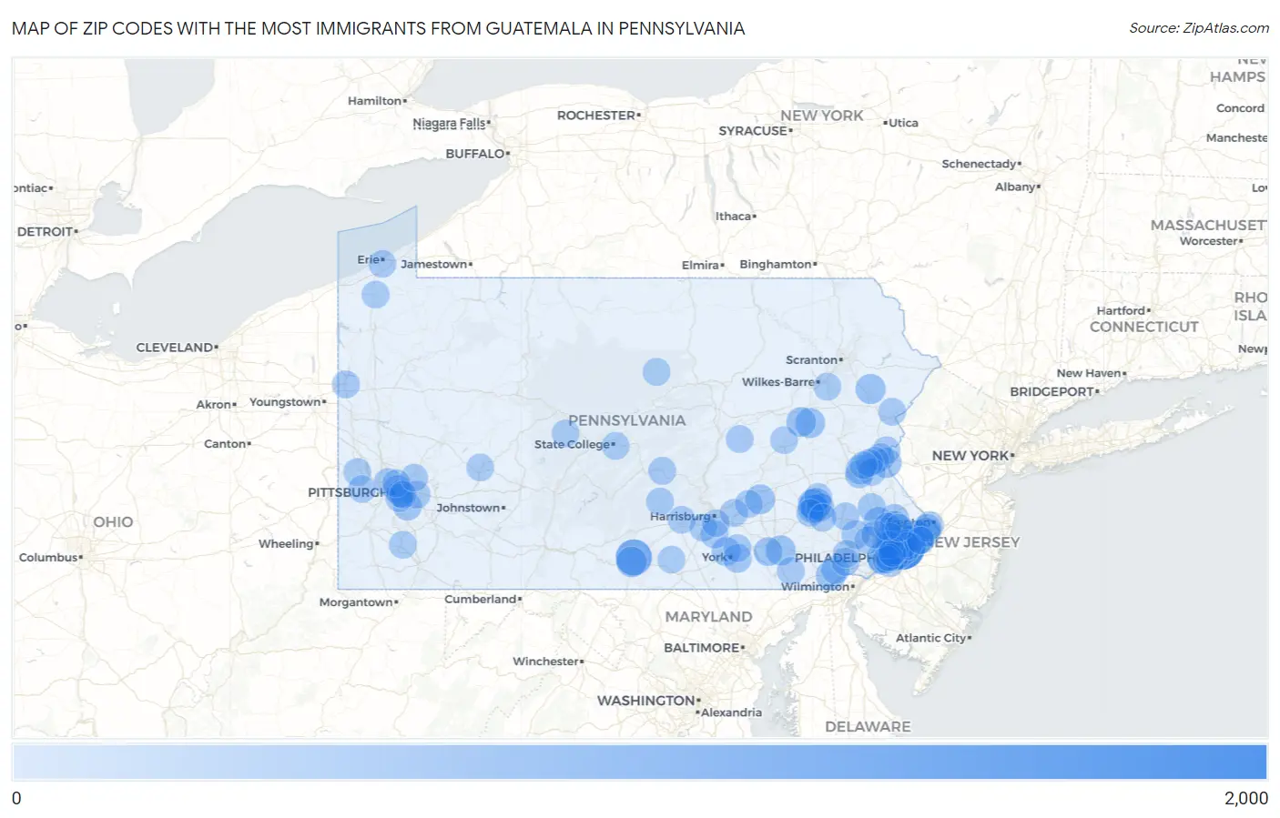 Zip Codes with the Most Immigrants from Guatemala in Pennsylvania Map