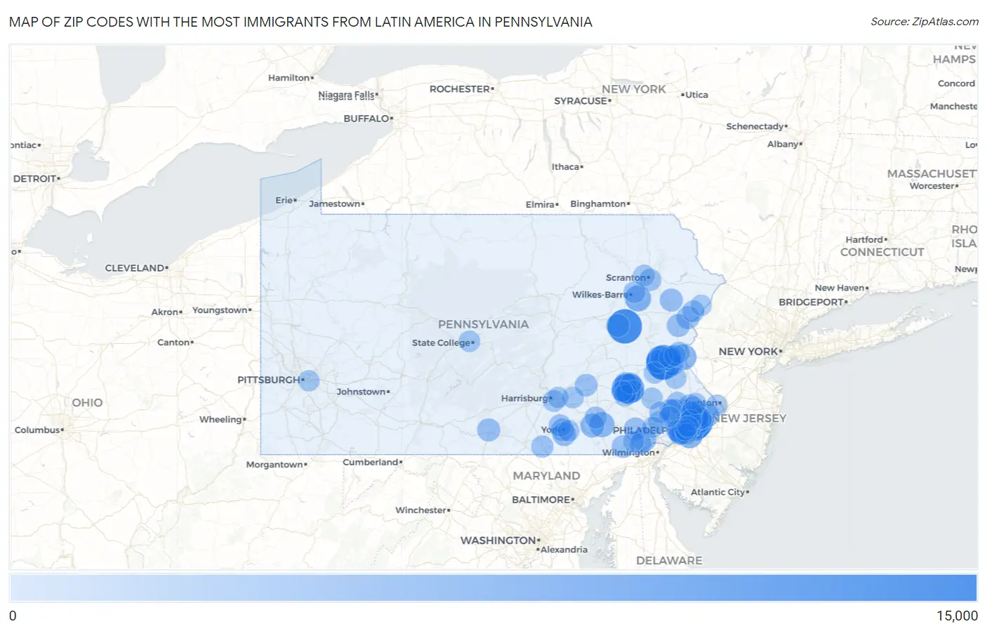 Zip Codes with the Most Immigrants from Latin America in Pennsylvania Map