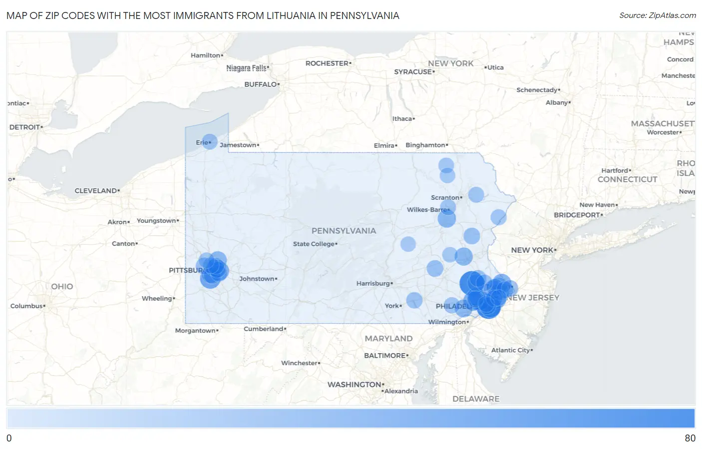 Zip Codes with the Most Immigrants from Lithuania in Pennsylvania Map
