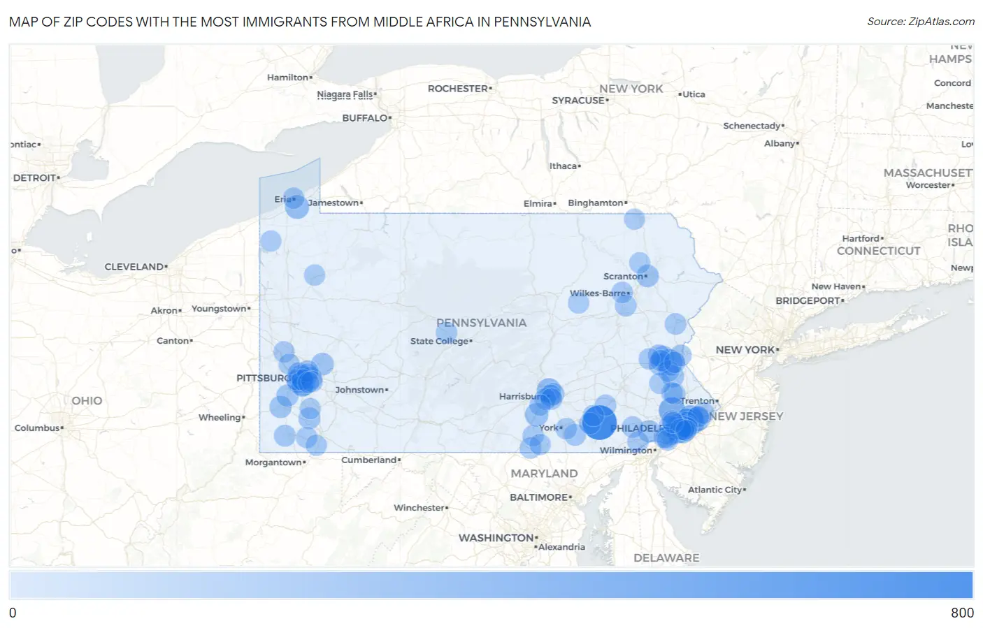Zip Codes with the Most Immigrants from Middle Africa in Pennsylvania Map