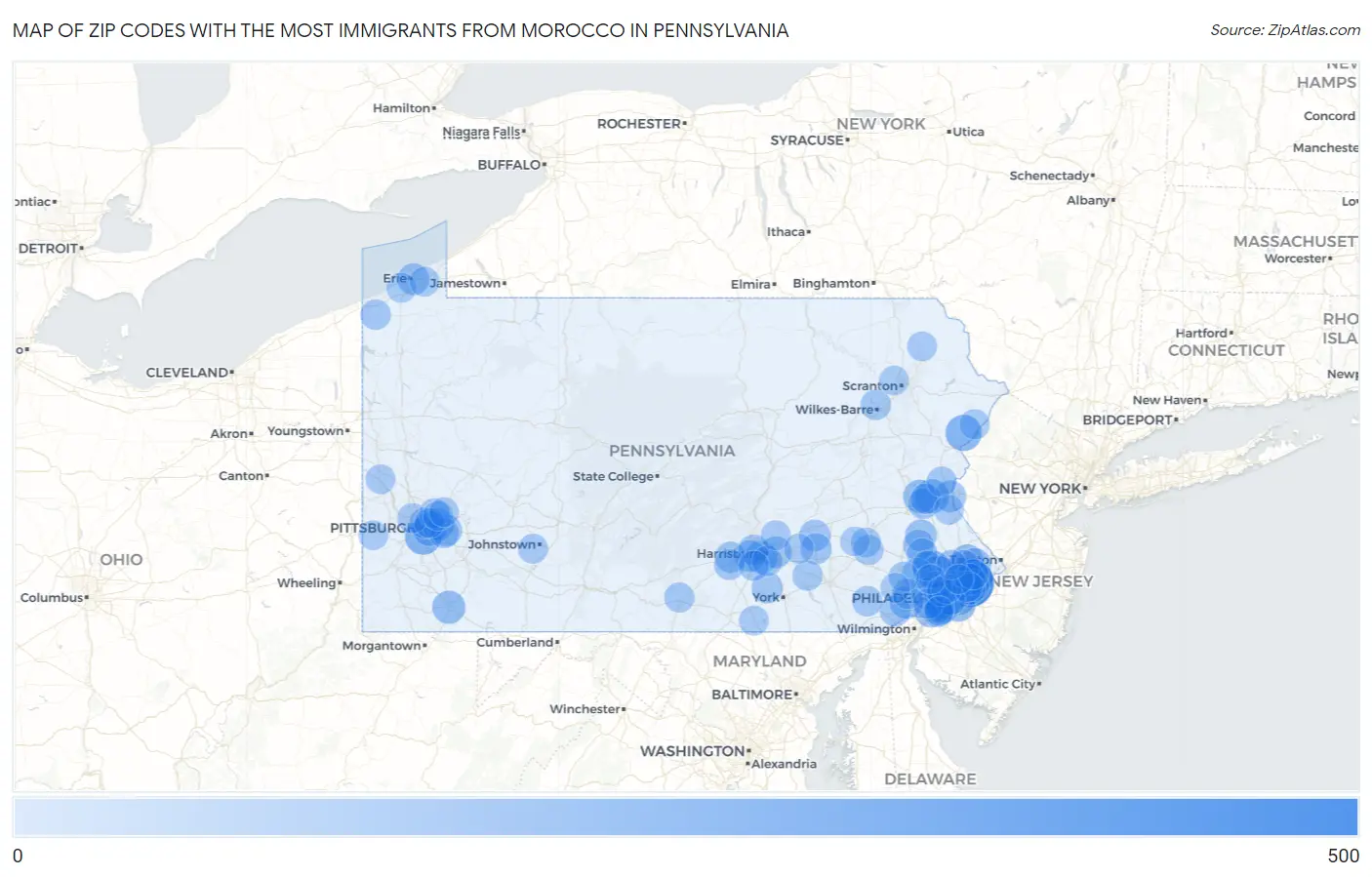 Zip Codes with the Most Immigrants from Morocco in Pennsylvania Map