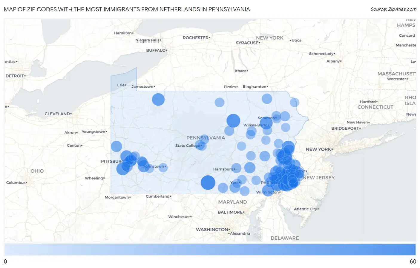 Zip Codes with the Most Immigrants from Netherlands in Pennsylvania Map