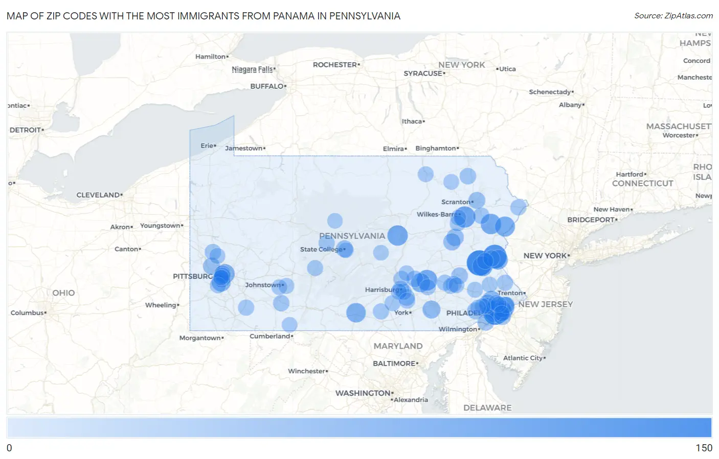 Zip Codes with the Most Immigrants from Panama in Pennsylvania Map