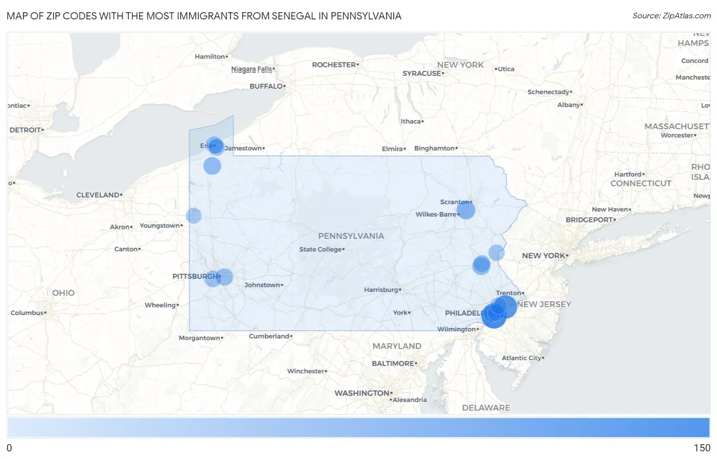 Zip Codes with the Most Immigrants from Senegal in Pennsylvania Map