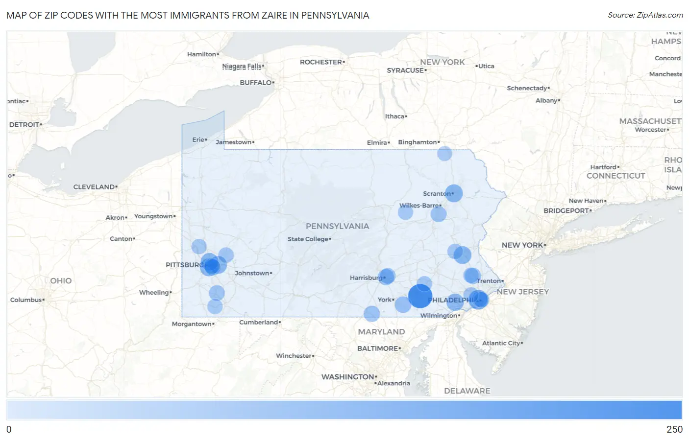 Zip Codes with the Most Immigrants from Zaire in Pennsylvania Map