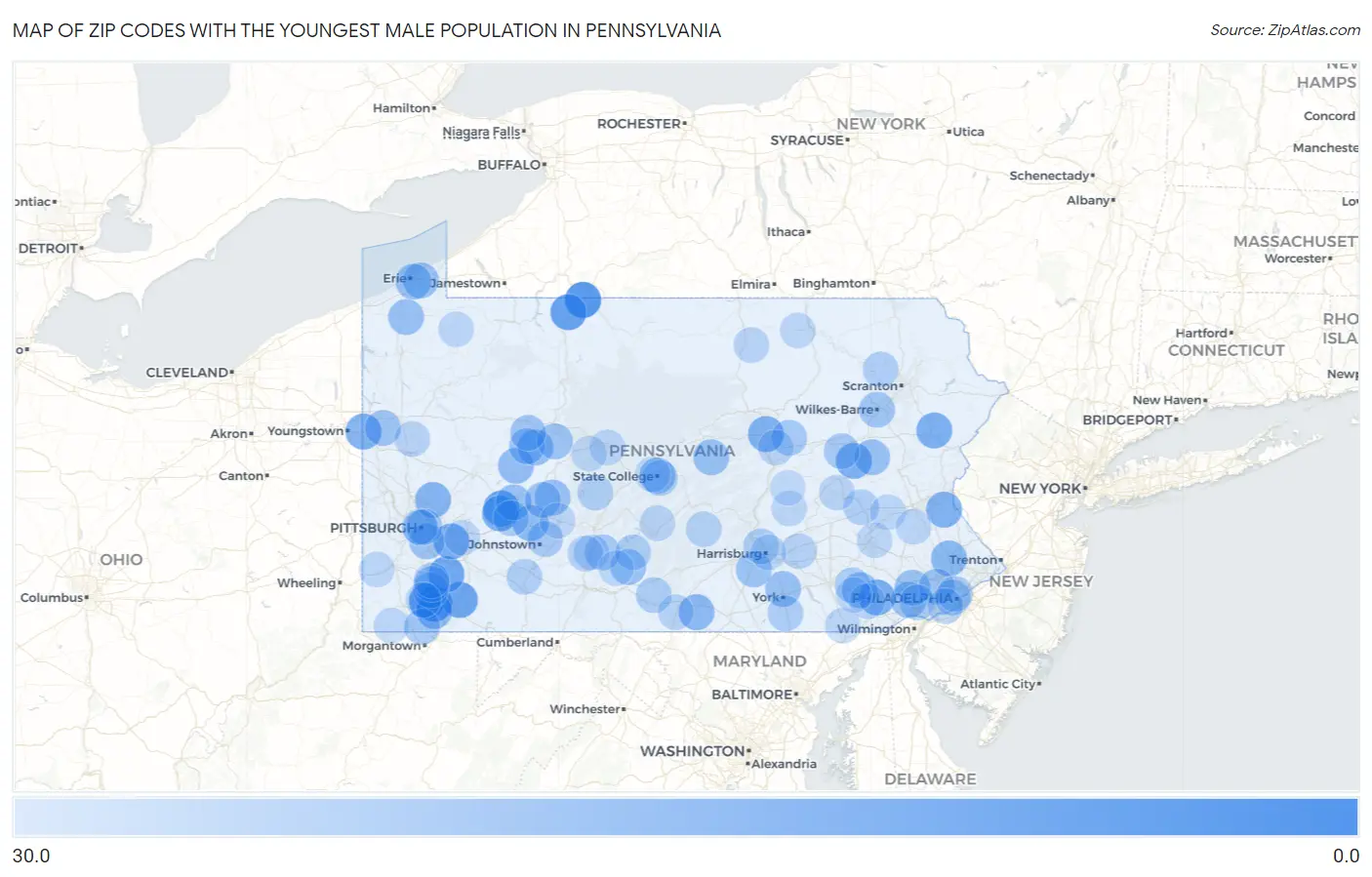Zip Codes with the Youngest Male Population in Pennsylvania Map