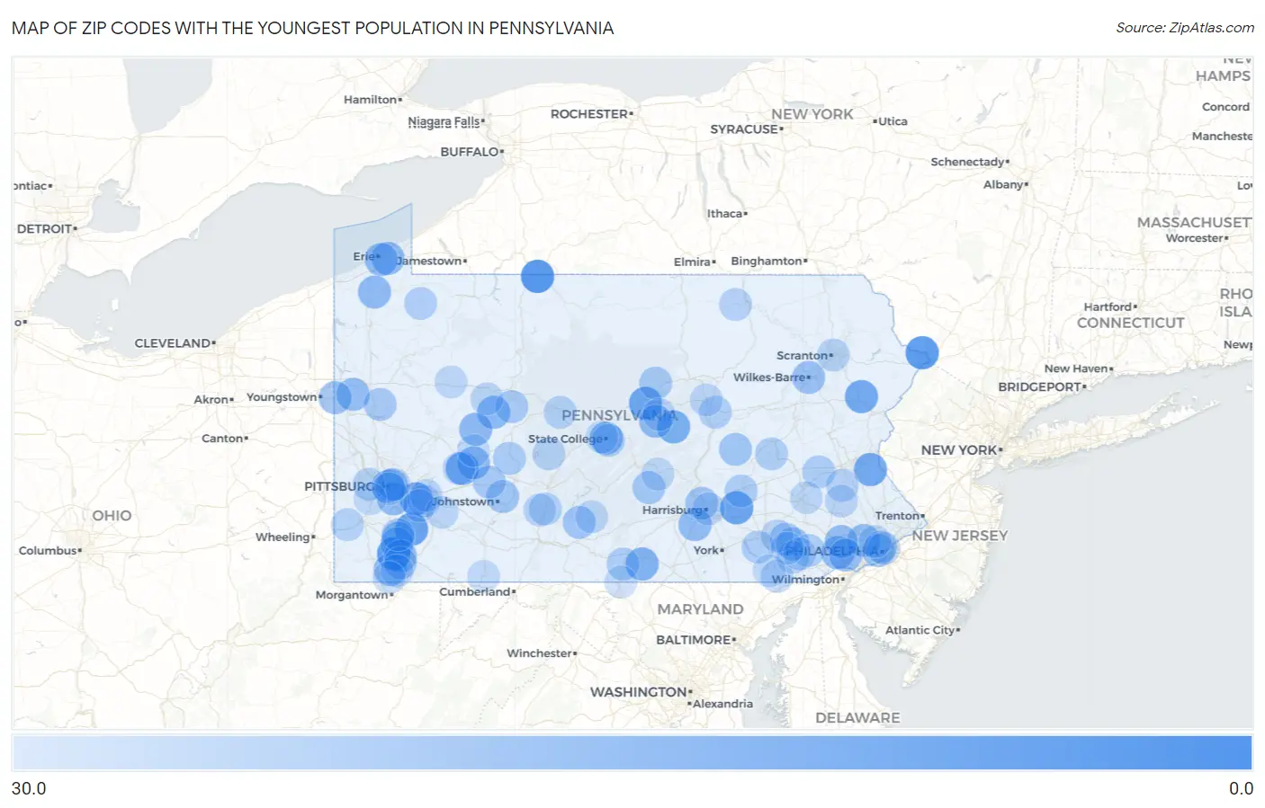 Zip Codes with the Youngest Population in Pennsylvania Map