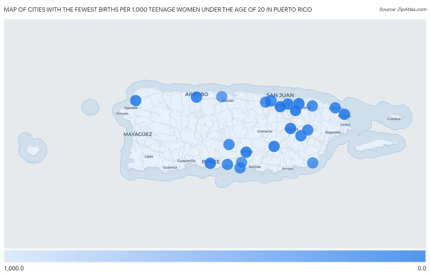 Cities with the Fewest Births per 1,000 Teenage Women Under the Age of 20 in Puerto Rico Map