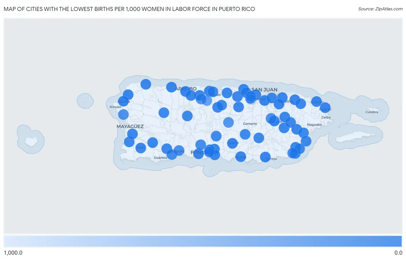 Cities with the Lowest Births per 1,000 Women in Labor Force in Puerto Rico Map