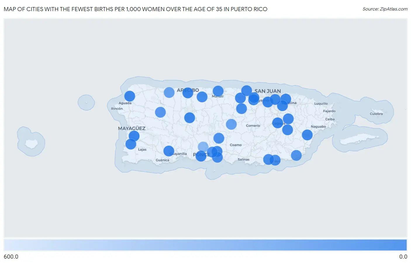 Cities with the Fewest Births per 1,000 Women Over the Age of 35 in Puerto Rico Map