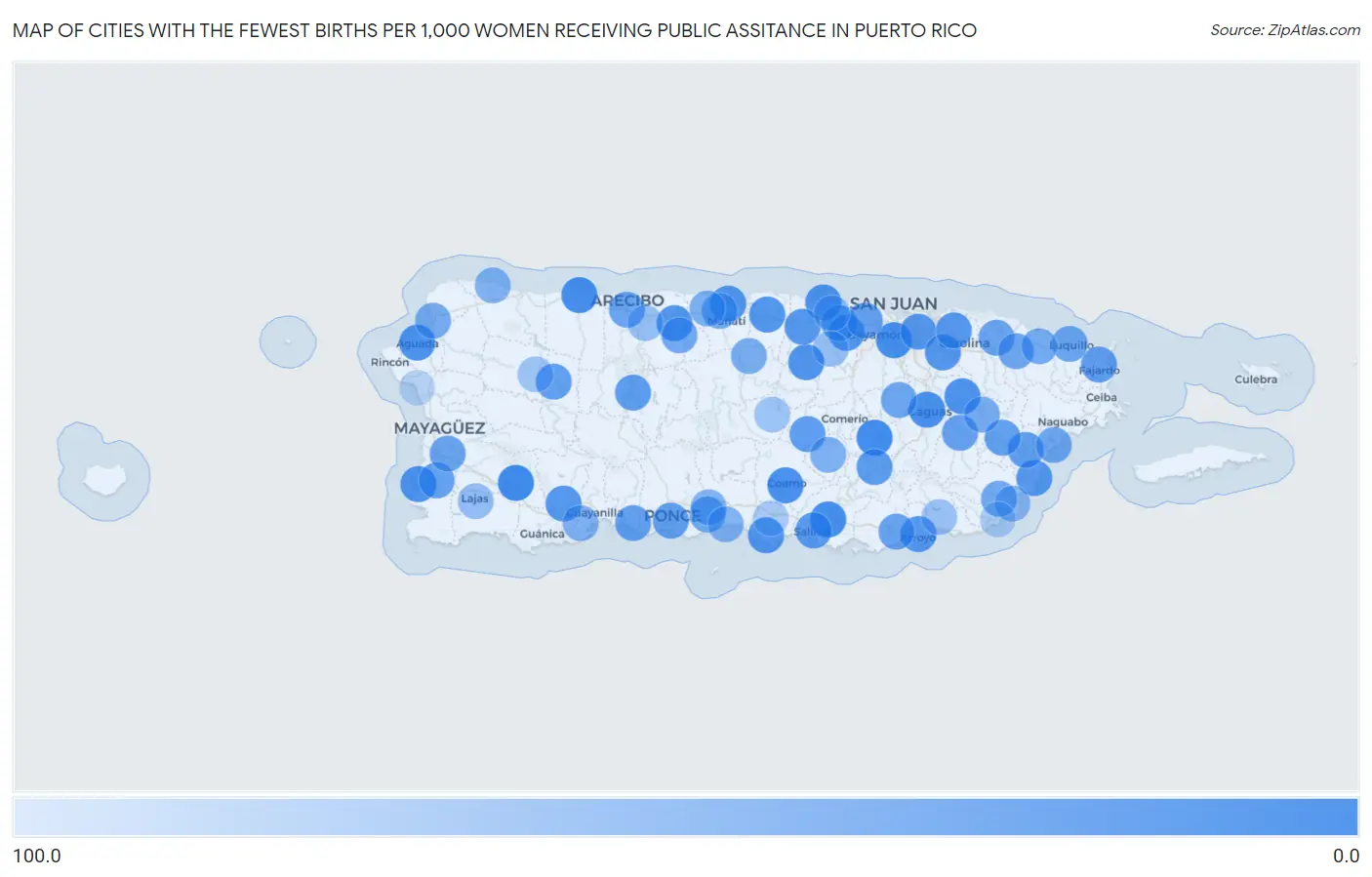 Cities with the Fewest Births per 1,000 Women Receiving Public Assitance in Puerto Rico Map