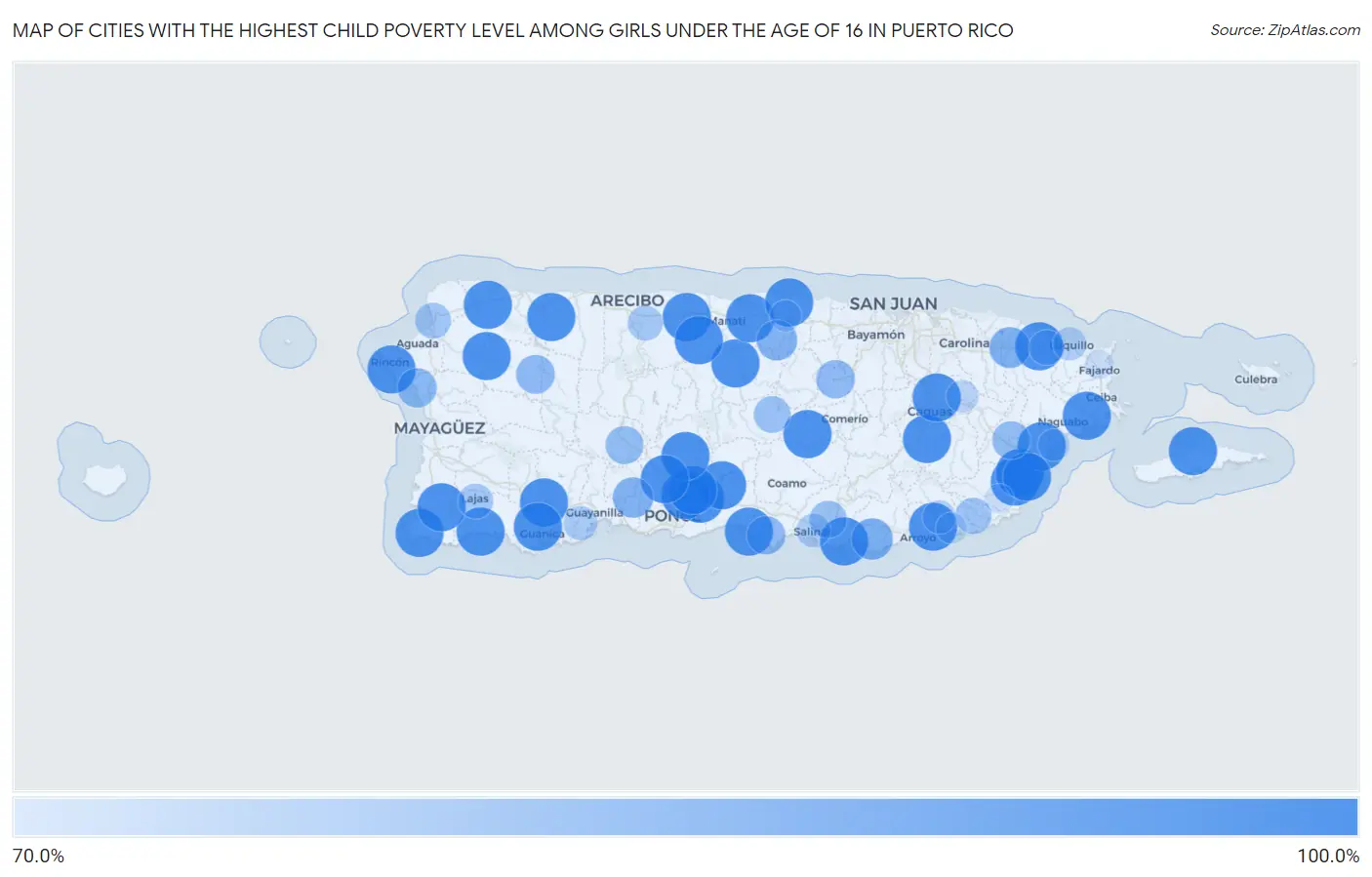 Cities with the Highest Child Poverty Level Among Girls Under the Age of 16 in Puerto Rico Map