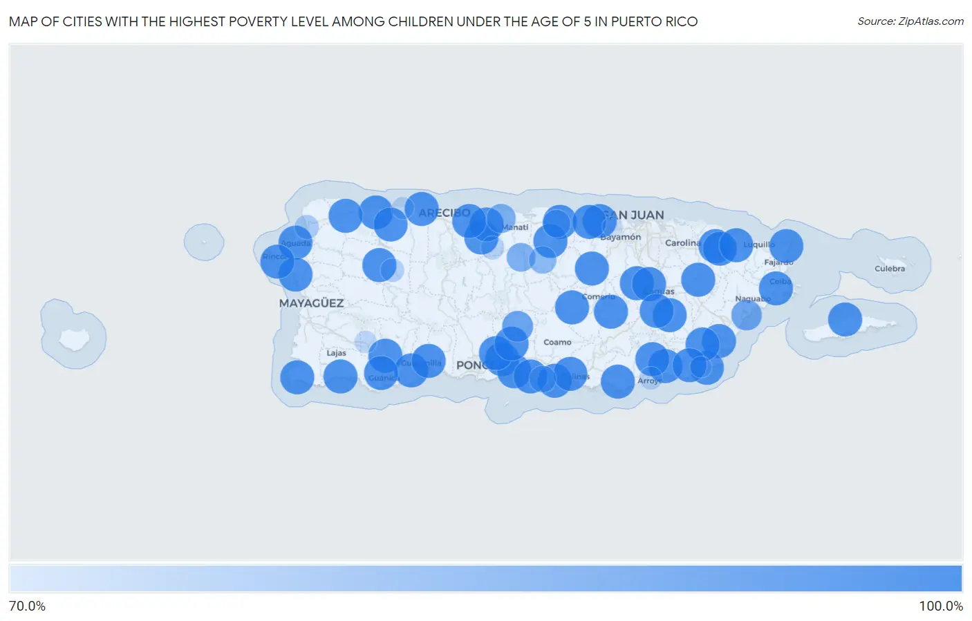 Cities with the Highest Poverty Level Among Children Under the Age of 5 in Puerto Rico Map