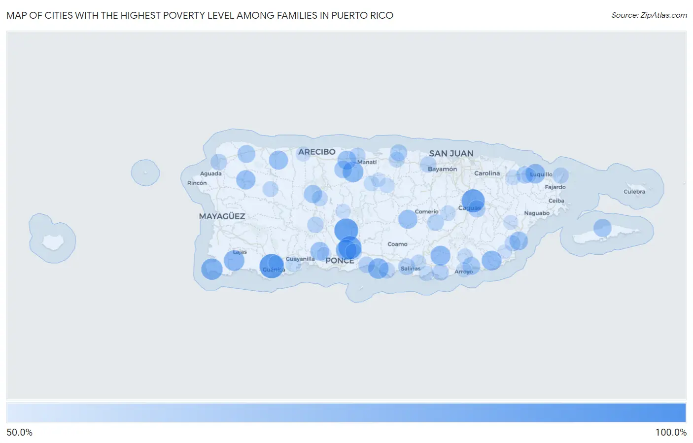 Cities with the Highest Poverty Level Among Families in Puerto Rico Map