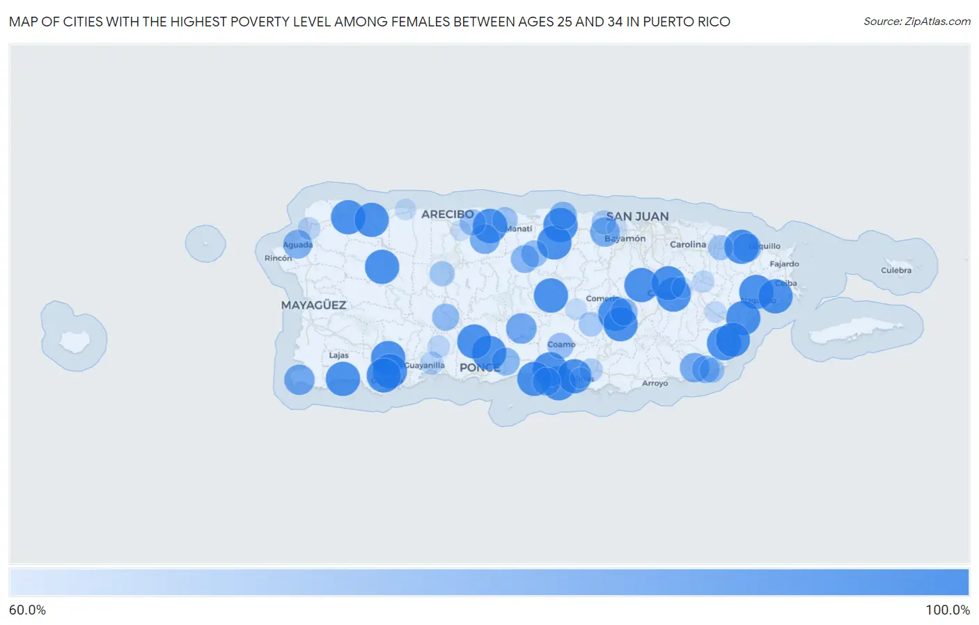 Cities with the Highest Poverty Level Among Females Between Ages 25 and 34 in Puerto Rico Map