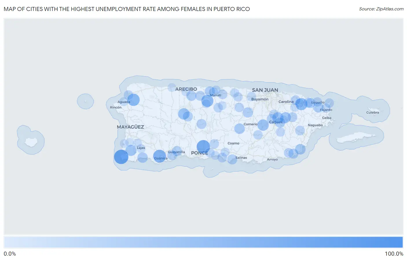 Cities with the Highest Unemployment Rate Among Females in Puerto Rico Map