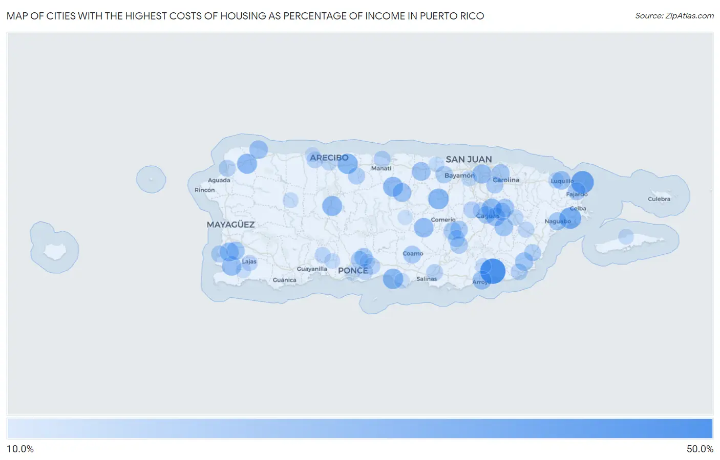 Cities with the Highest Costs of Housing as Percentage of Income in Puerto Rico Map