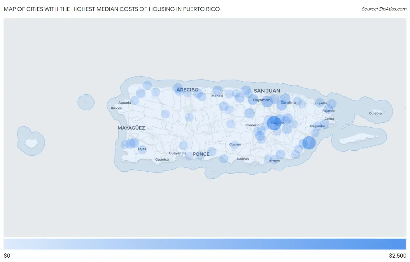 Cities with the Highest Median Costs of Housing in Puerto Rico Map