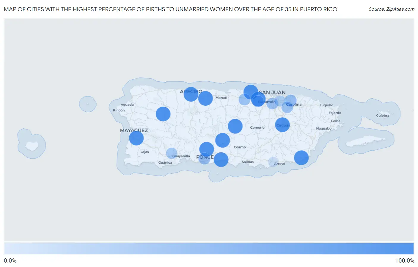 Cities with the Highest Percentage of Births to Unmarried Women over the Age of 35 in Puerto Rico Map