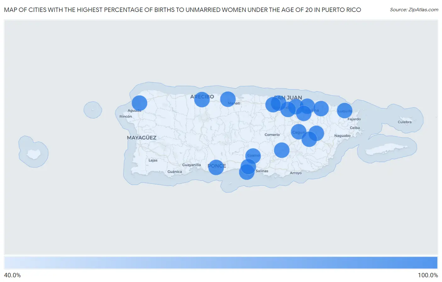 Cities with the Highest Percentage of Births to Unmarried Women under the Age of 20 in Puerto Rico Map
