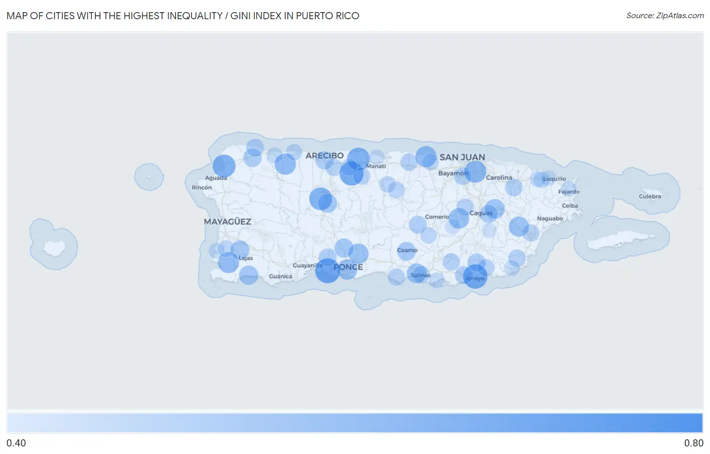 Cities with the Highest Inequality / Gini Index in Puerto Rico Map