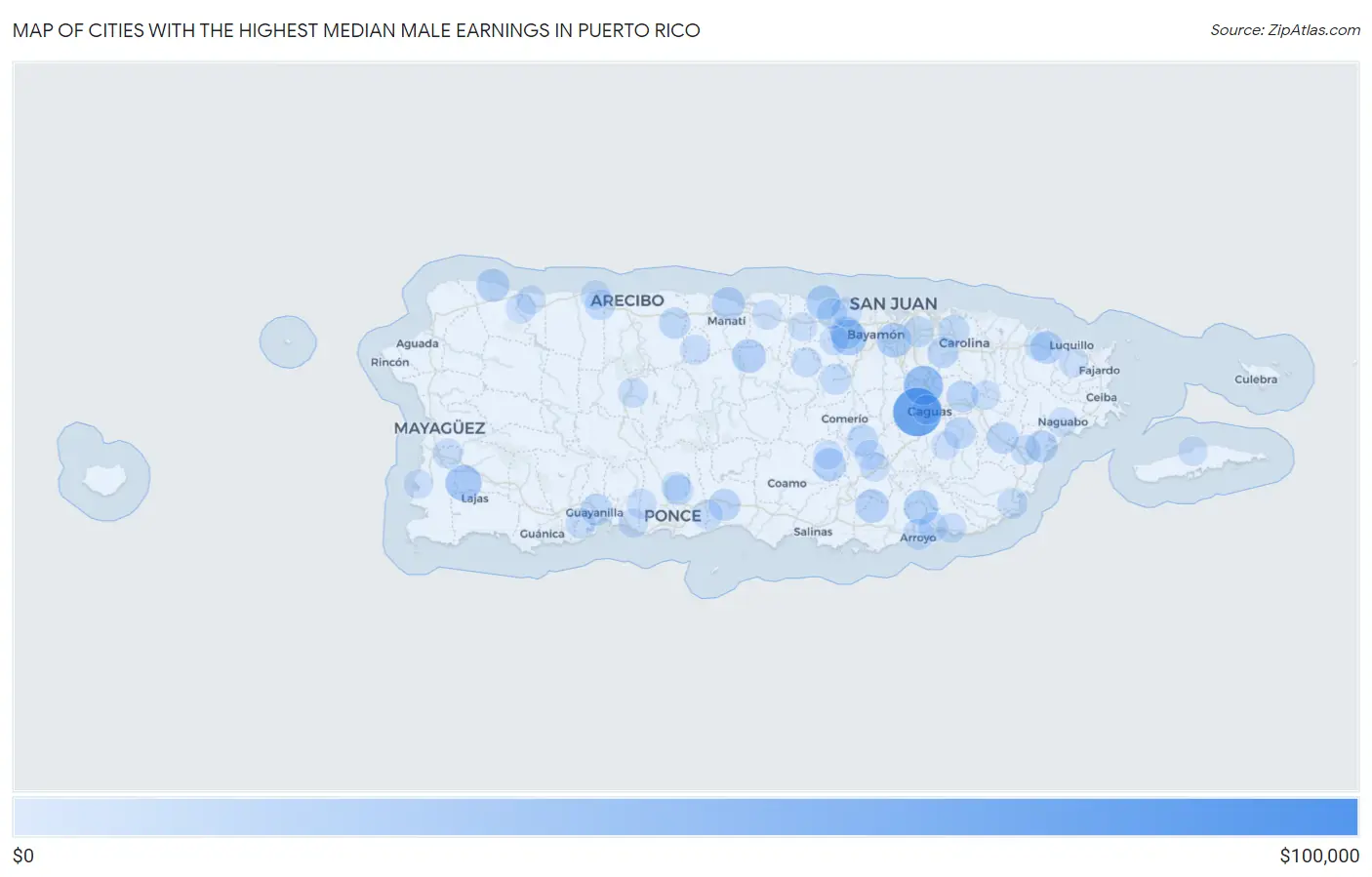 Cities with the Highest Median Male Earnings in Puerto Rico Map