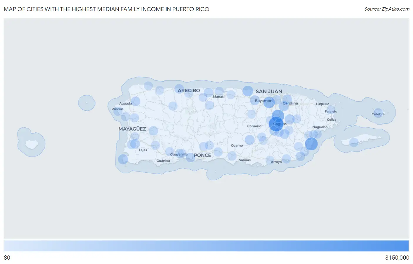 Cities with the Highest Median Family Income in Puerto Rico Map