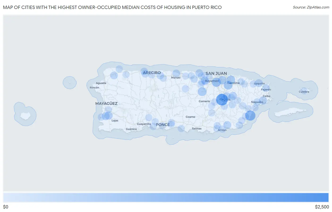 Cities with the Highest Owner-Occupied Median Costs of Housing in Puerto Rico Map