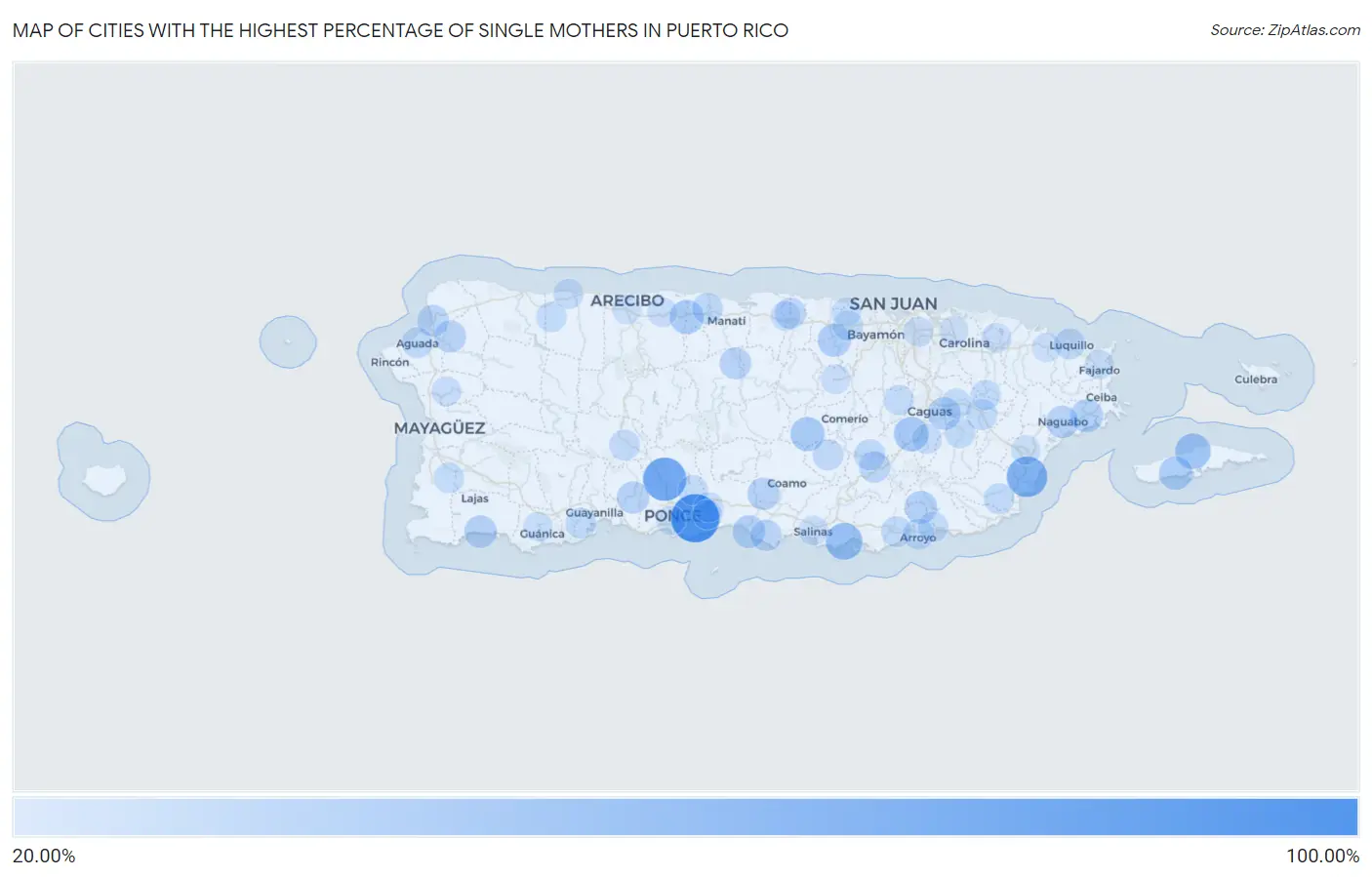 Cities with the Highest Percentage of Single Mothers in Puerto Rico Map
