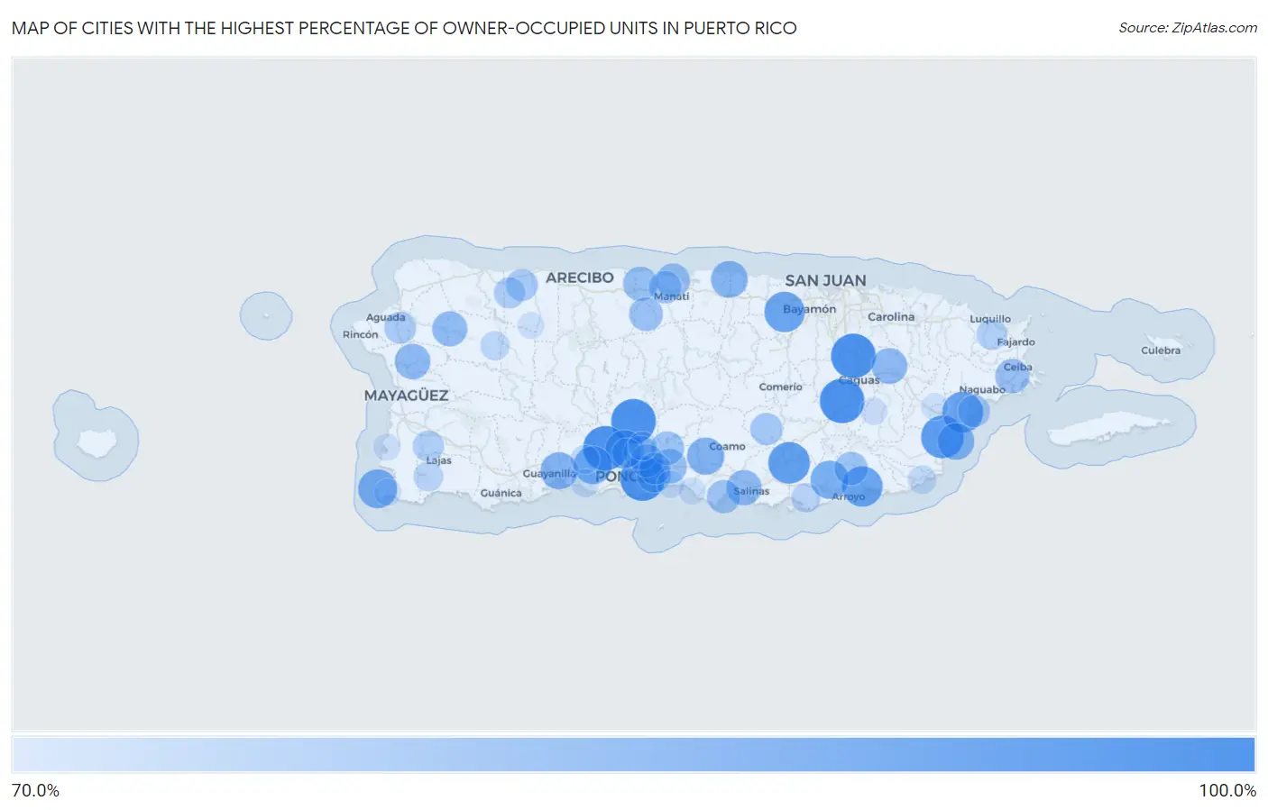 Cities with the Highest Percentage of Owner-Occupied Units in Puerto Rico Map