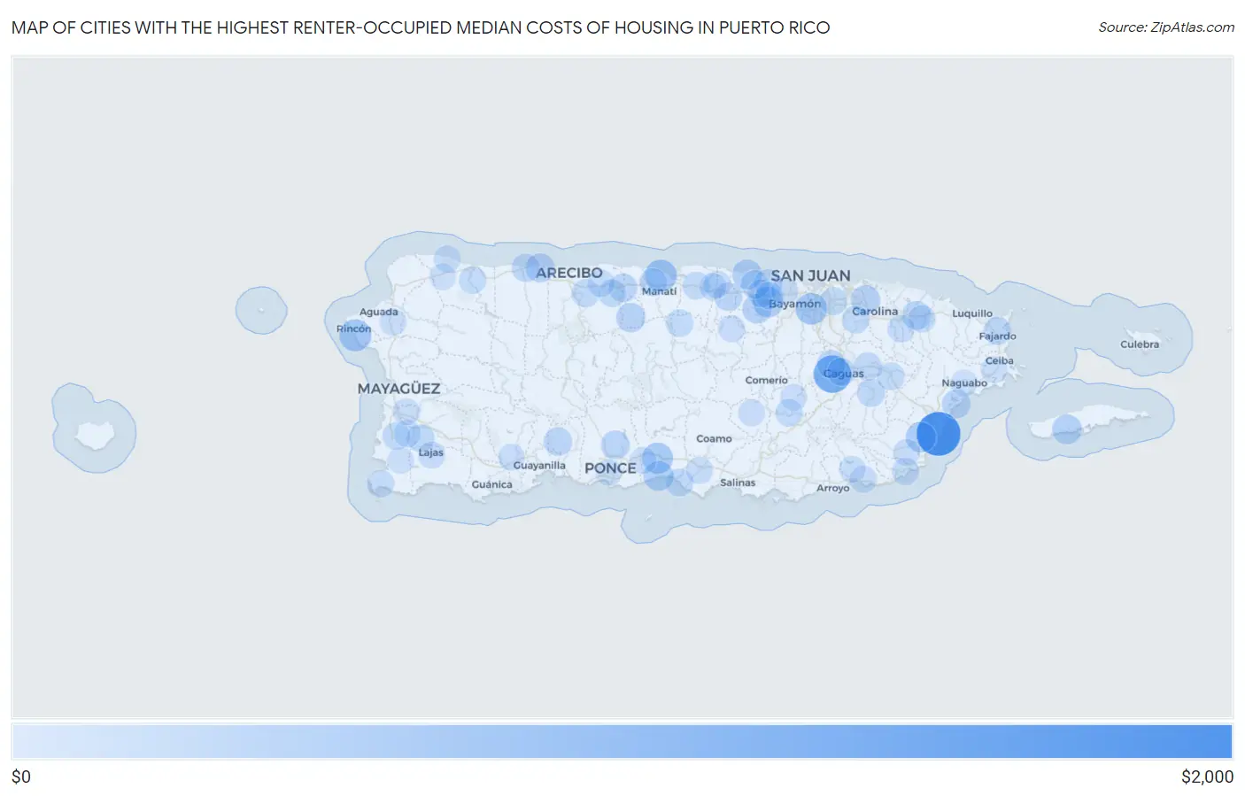 Cities with the Highest Renter-Occupied Median Costs of Housing in Puerto Rico Map