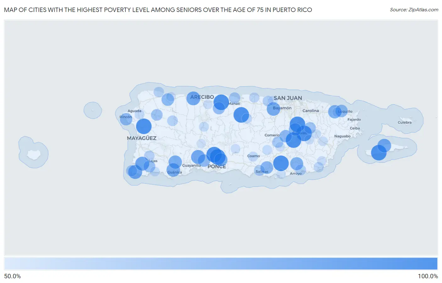 Cities with the Highest Poverty Level Among Seniors Over the Age of 75 in Puerto Rico Map