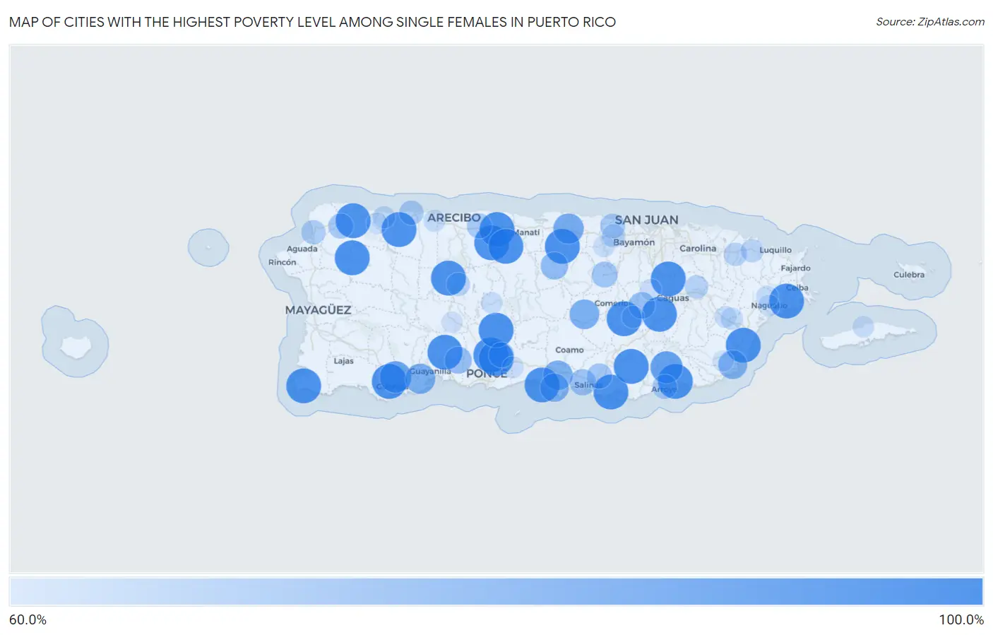 Cities with the Highest Poverty Level Among Single Females in Puerto Rico Map