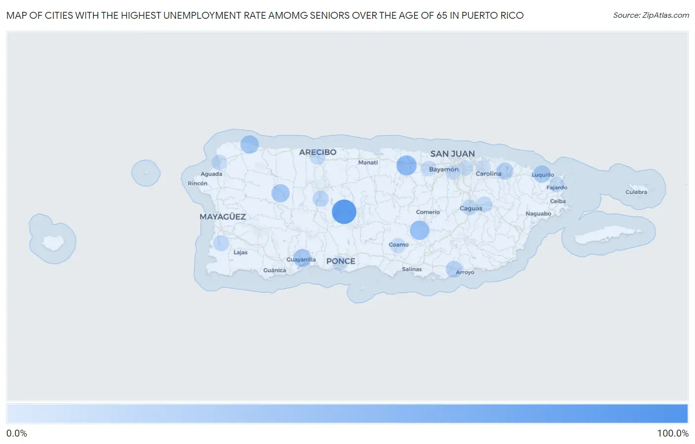 Cities with the Highest Unemployment Rate Amomg Seniors Over the Age of 65 in Puerto Rico Map