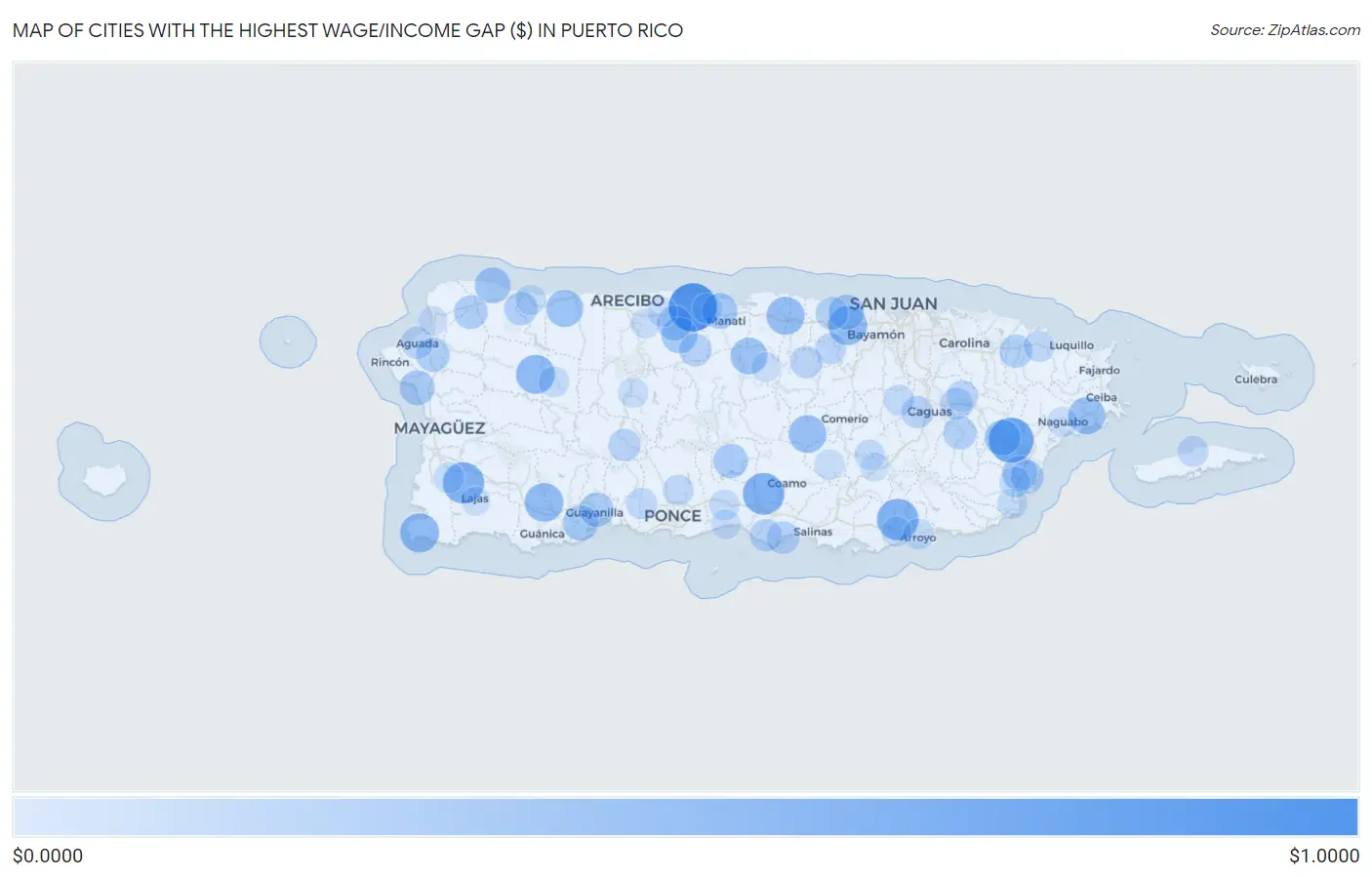 Cities with the Highest Wage/Income Gap ($) in Puerto Rico Map