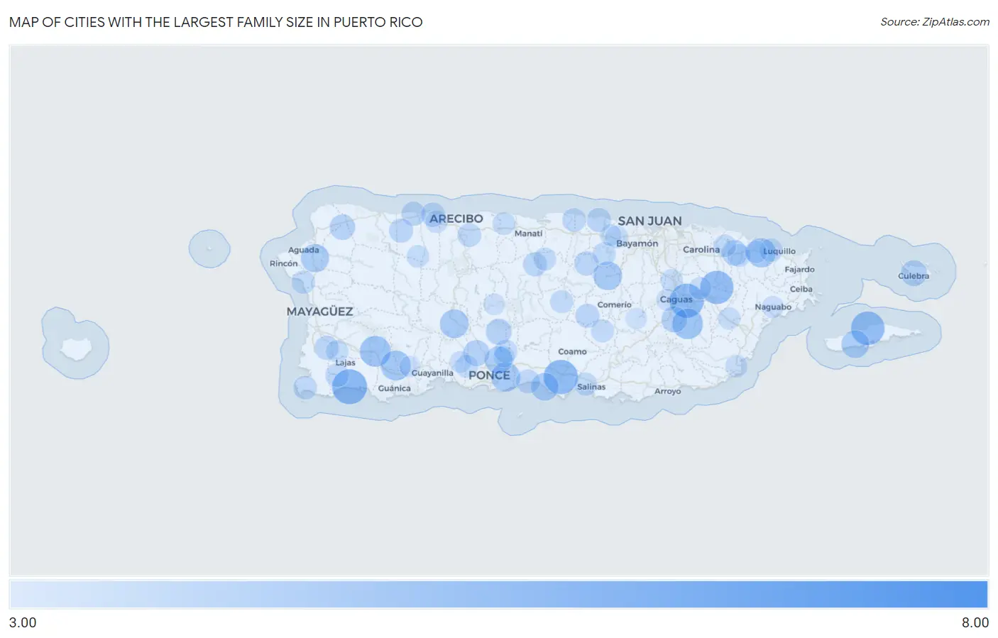 Cities with the Largest Family Size in Puerto Rico Map
