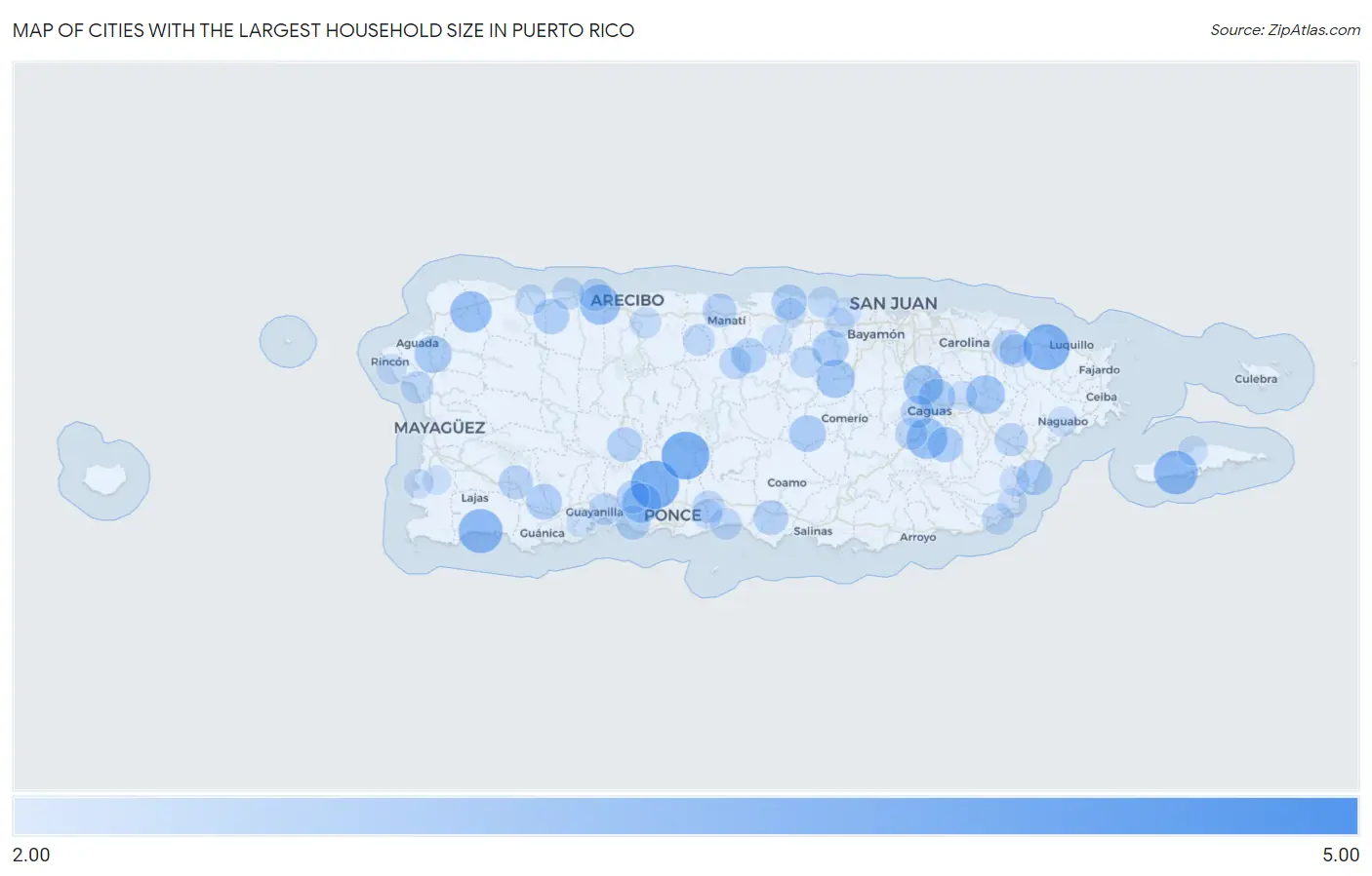 Cities with the Largest Household Size in Puerto Rico Map