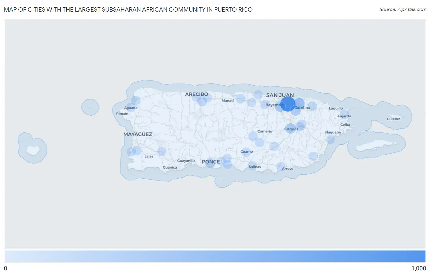 Cities with the Largest Subsaharan African Community in Puerto Rico Map