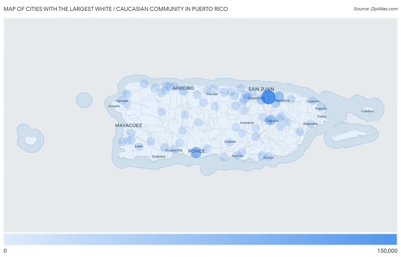 Cities with the Largest White / Caucasian Community in Puerto Rico Map