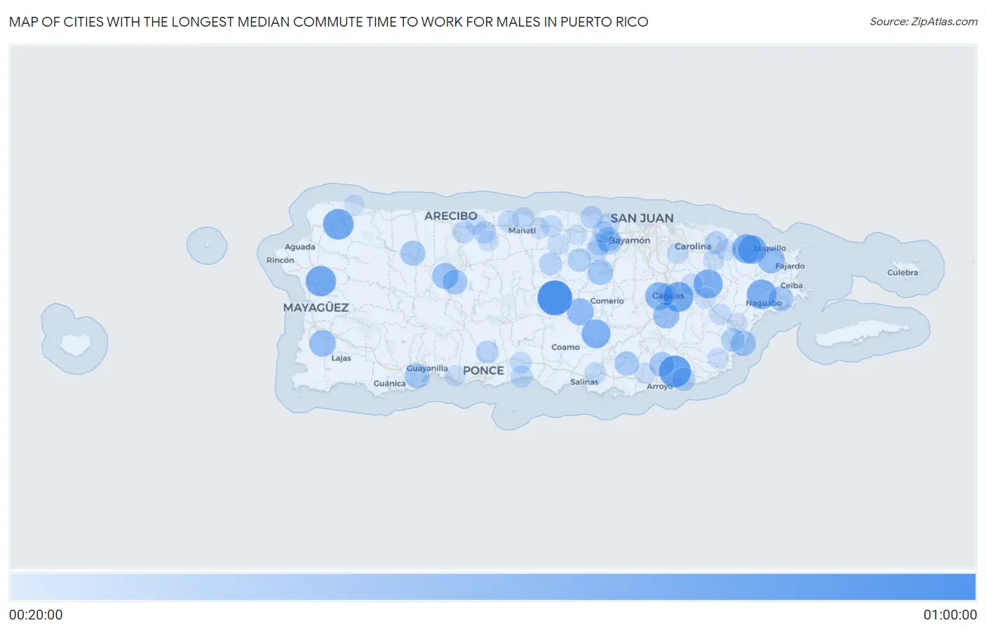 Cities with the Longest Median Commute Time to Work for Males in Puerto Rico Map