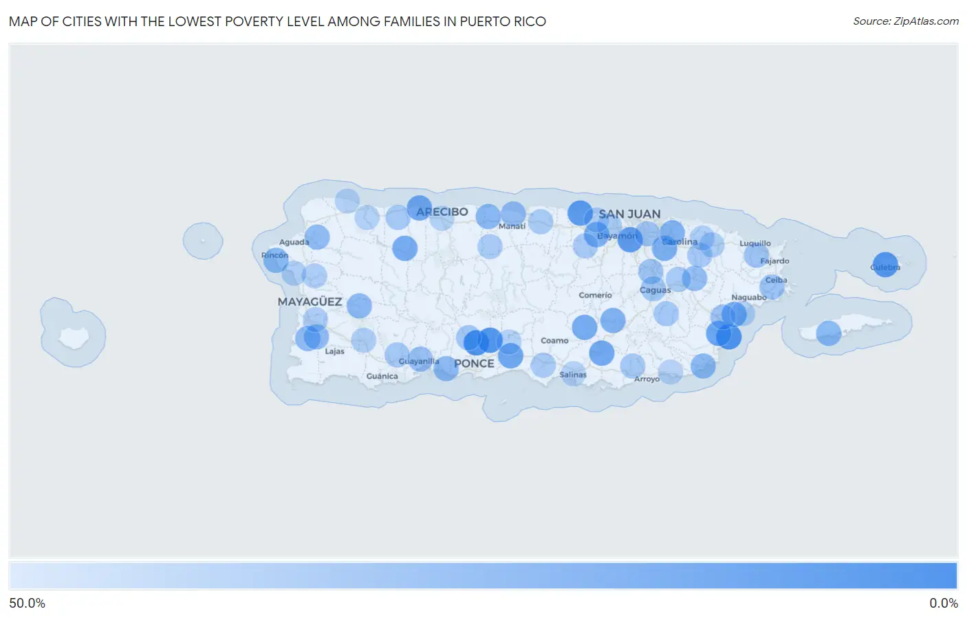 Cities with the Lowest Poverty Level Among Families in Puerto Rico Map