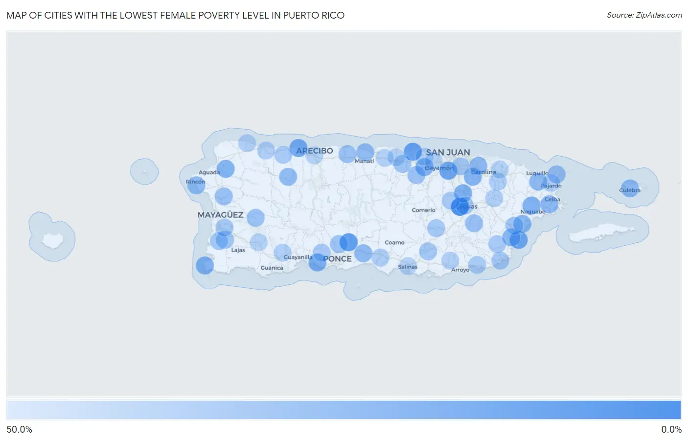 Cities with the Lowest Female Poverty Level in Puerto Rico Map
