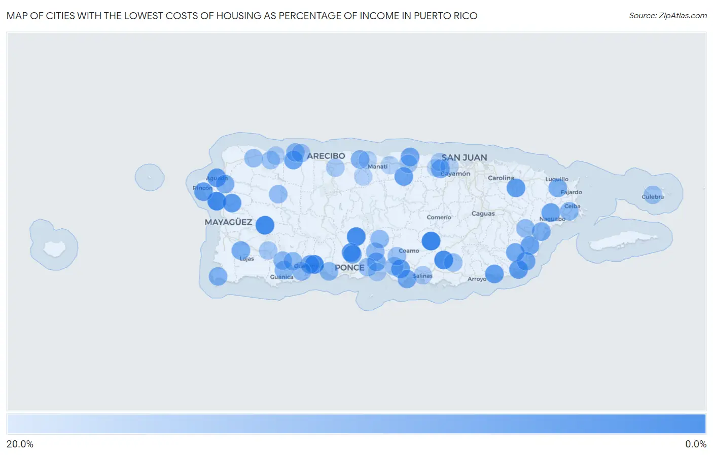 Cities with the Lowest Costs of Housing as Percentage of Income in Puerto Rico Map