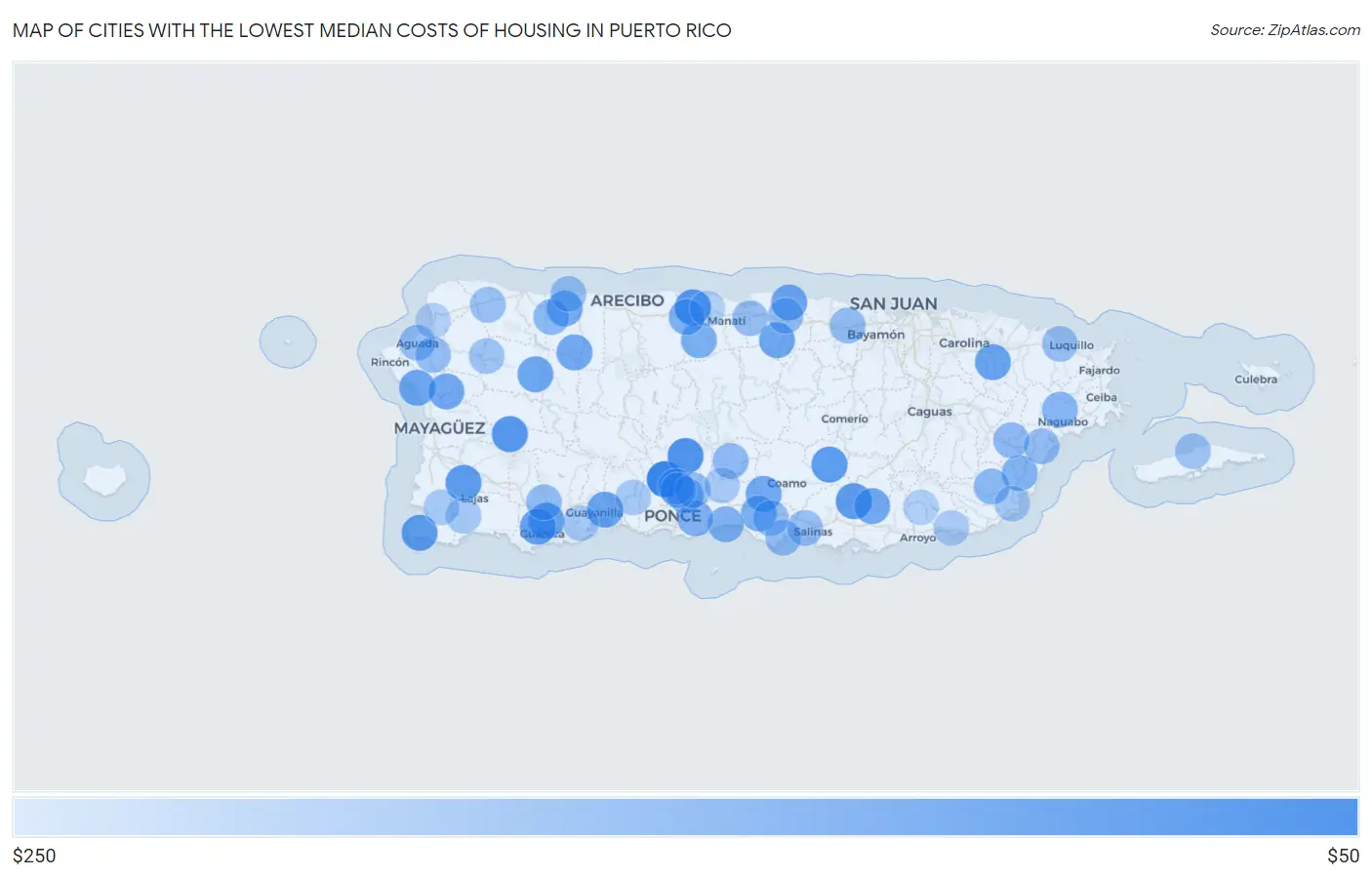 Cities with the Lowest Median Costs of Housing in Puerto Rico Map
